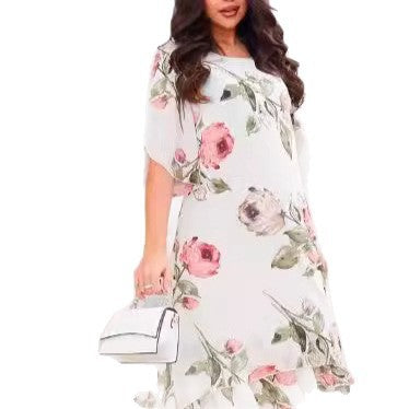 Robe imprimée en chiffon premium à col rond loose pour femmes