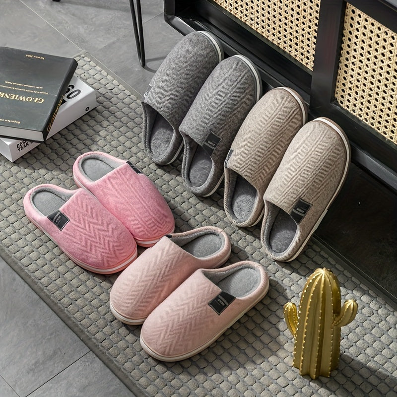 Men's Plush Herringbone Slippers — Warm Non-Slip House Shoes