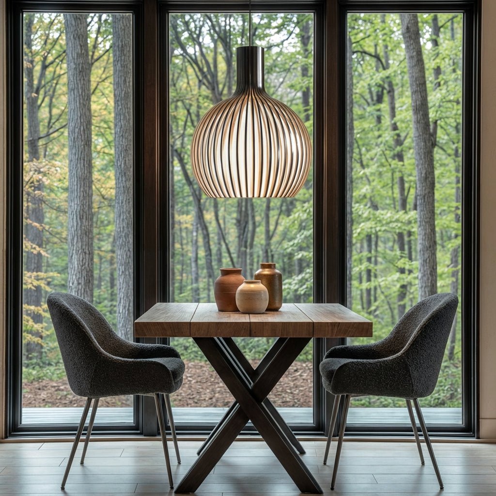 Bamburiippuvalaisin — rustiikkinen puinen häkkimäinen kattovalaisin, E27-kanta
