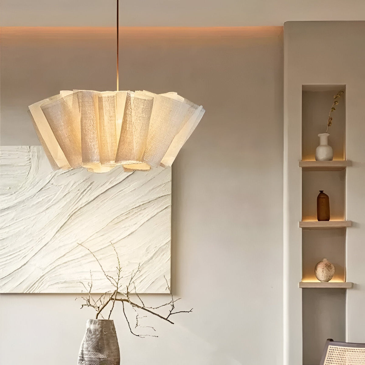 16 in Warm Cream Pleated Fabric Shade Hanging Ceiling Lamp