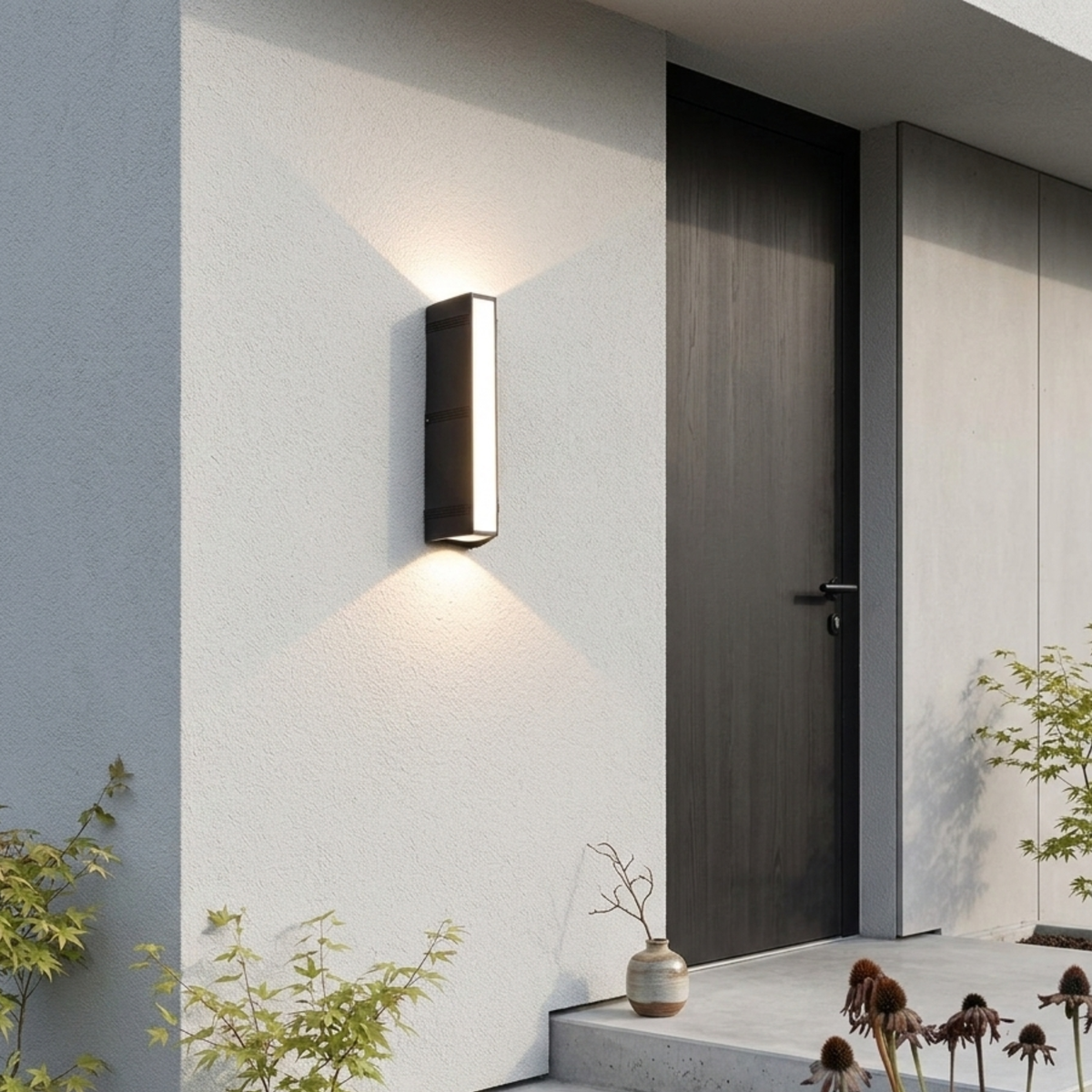 Black Rectangular LED Wall Sconce — Up Down Vertical Exterior Lighting
