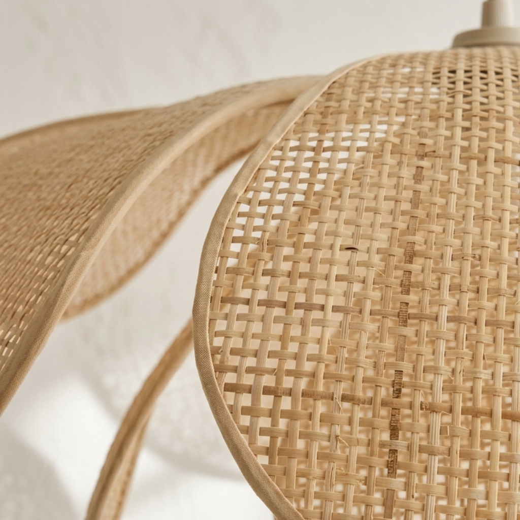 Boho-hængelampe i flettet rattan — udformet som udfoldede blomsterblade