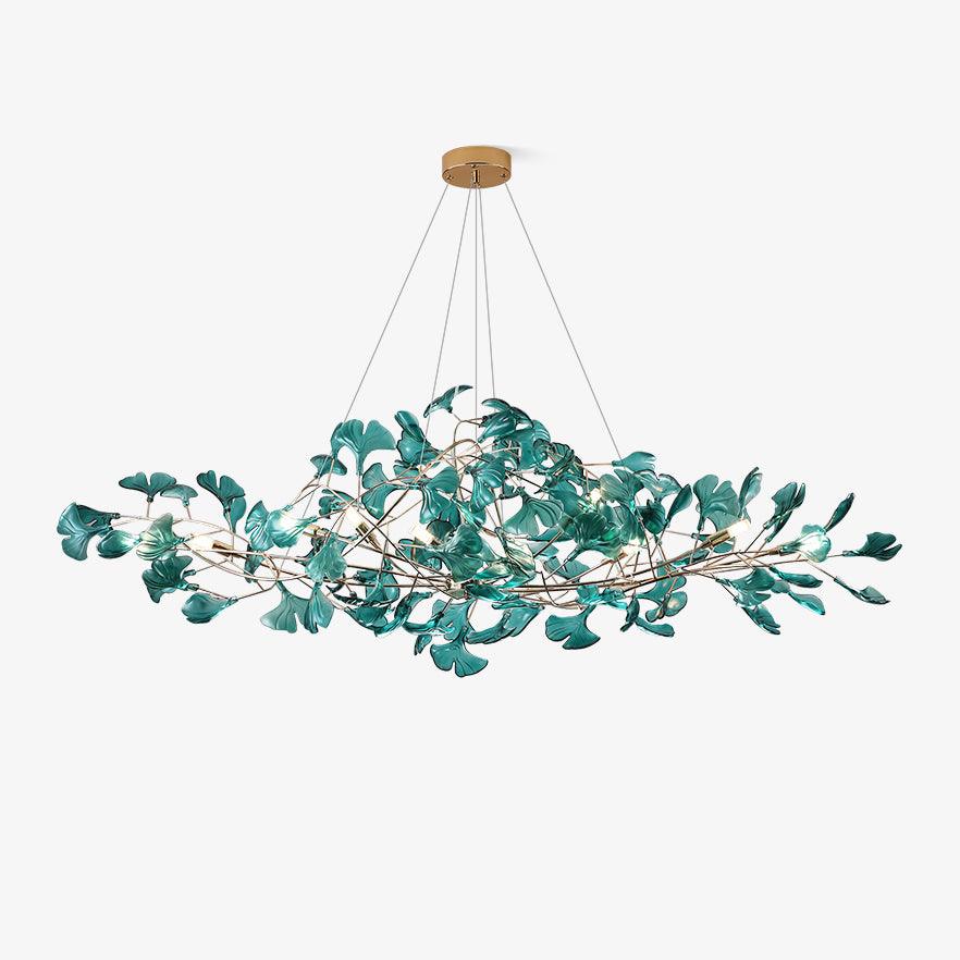 Candelabru botanic cu ramură și frunze de ginkgo — cadru din metal și acril, verde, albastru, cafea
