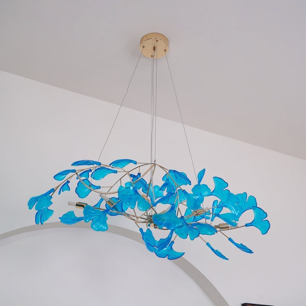 Candelabru botanic cu ramură și frunze de ginkgo — cadru din metal și acril, verde, albastru, cafea