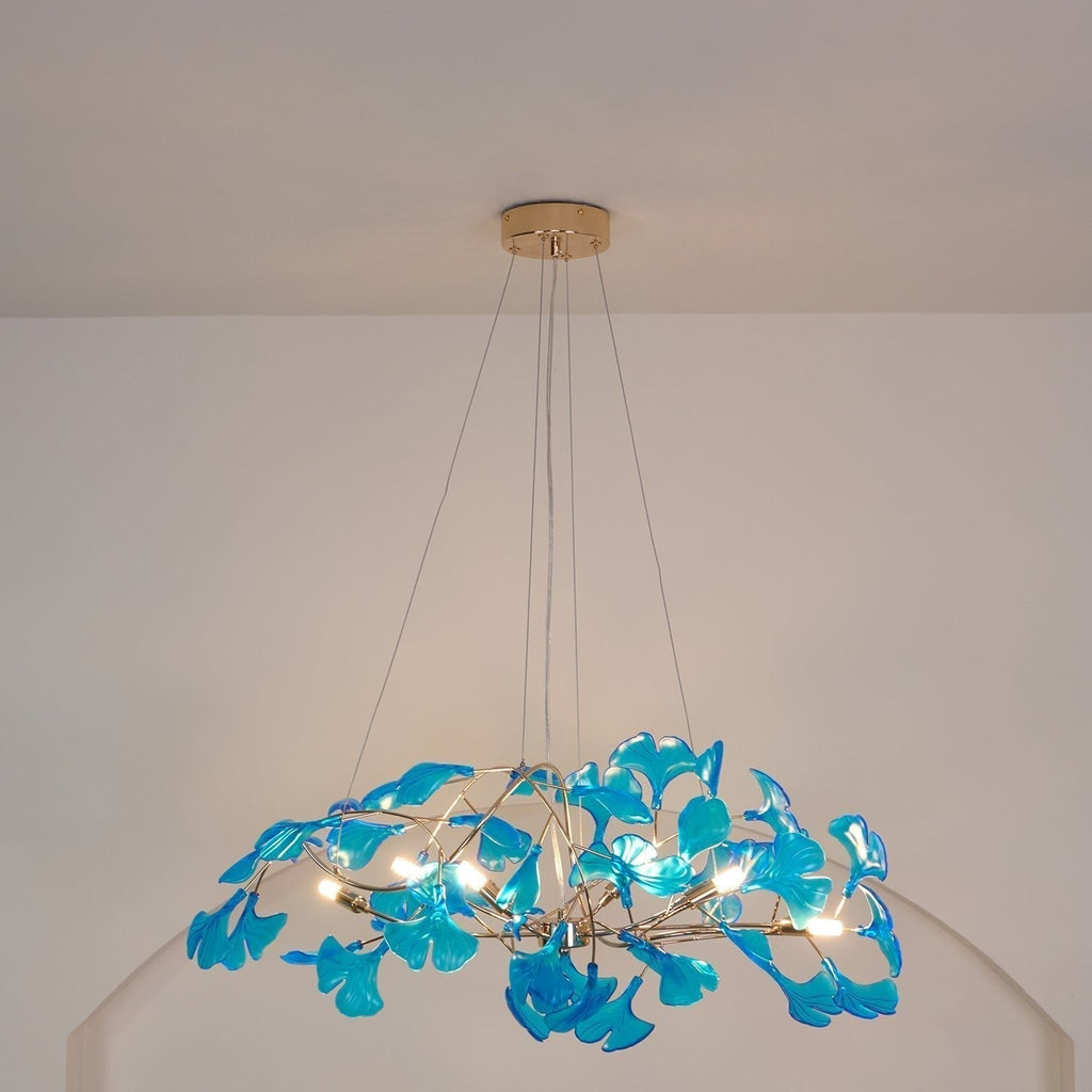 Candelabru botanic cu ramură și frunze de ginkgo — cadru din metal și acril, verde, albastru, cafea