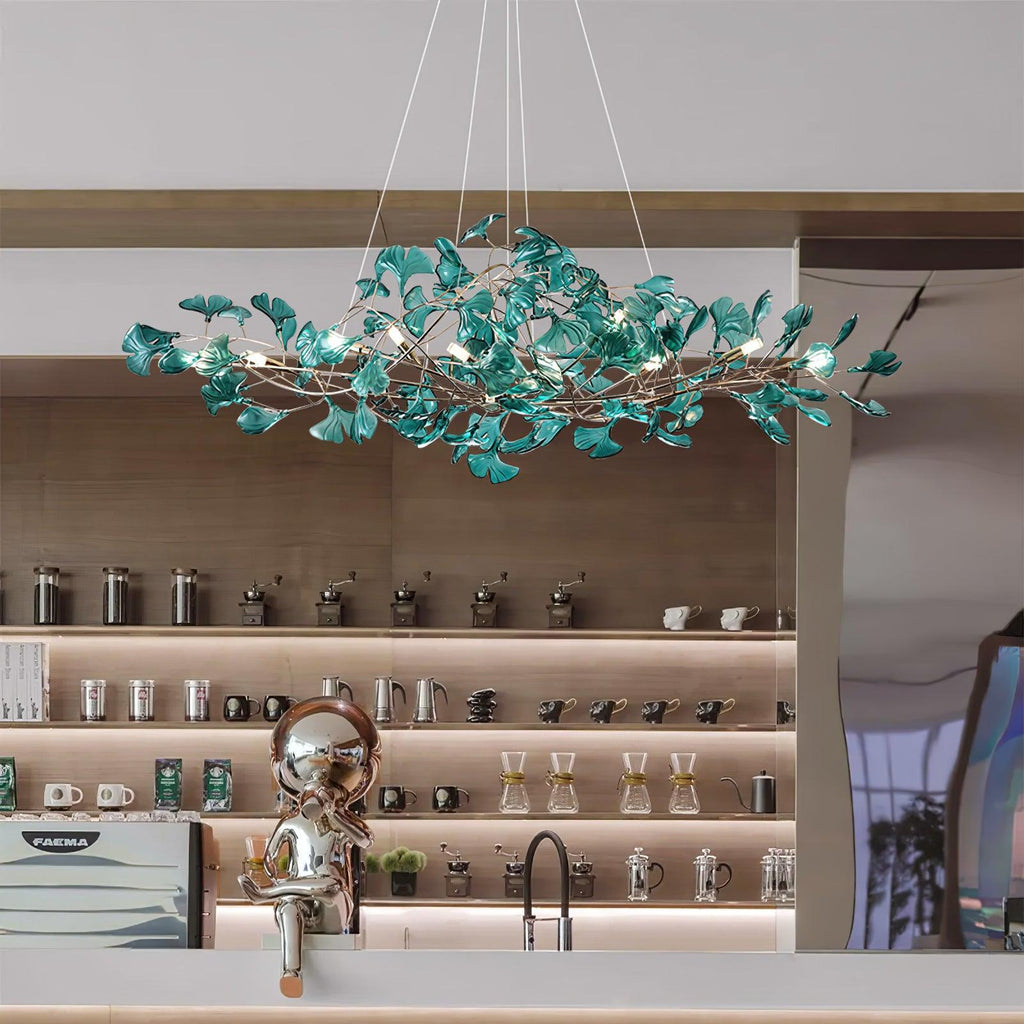 Candelabru botanic cu ramură și frunze de ginkgo — cadru din metal și acril, verde, albastru, cafea