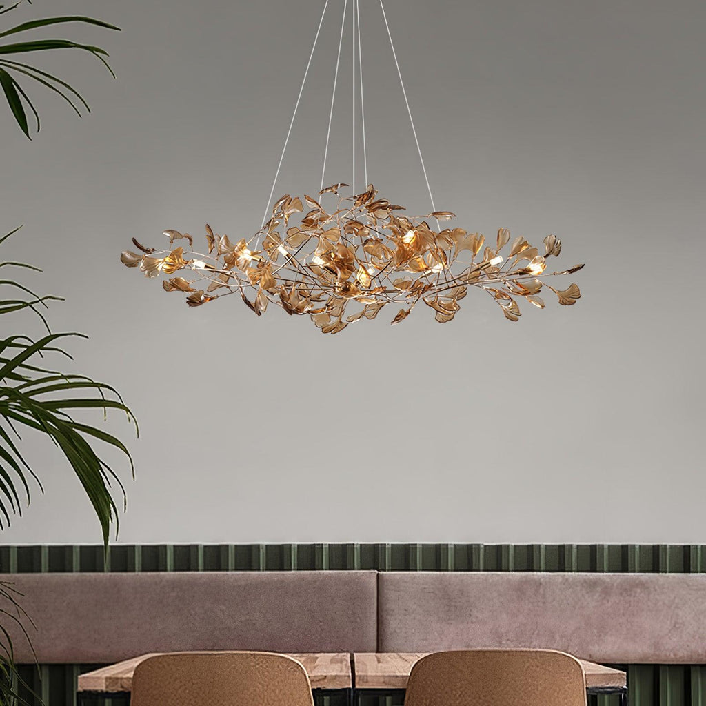 Candelabru botanic cu ramură și frunze de ginkgo — cadru din metal și acril, verde, albastru, cafea