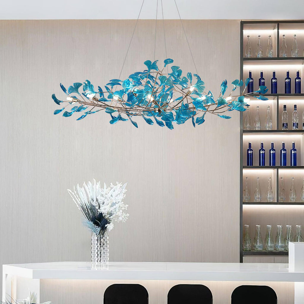 Candelabru botanic cu ramură și frunze de ginkgo — cadru din metal și acril, verde, albastru, cafea