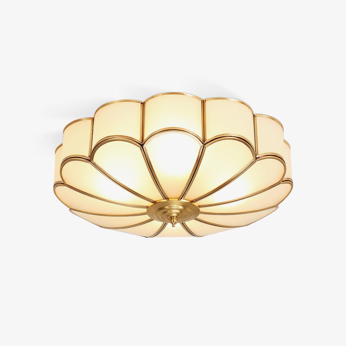 Plafoniera a filo soffitto — design floreale in ottone, vetro satinato smerlato