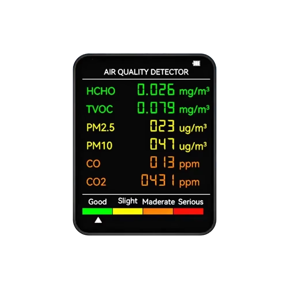 6-in-1-Innenraumluftmessgerät — CO2, PM2.5, TVOC, Temperatur und Luftfeuchtigkeit in Echtzeit