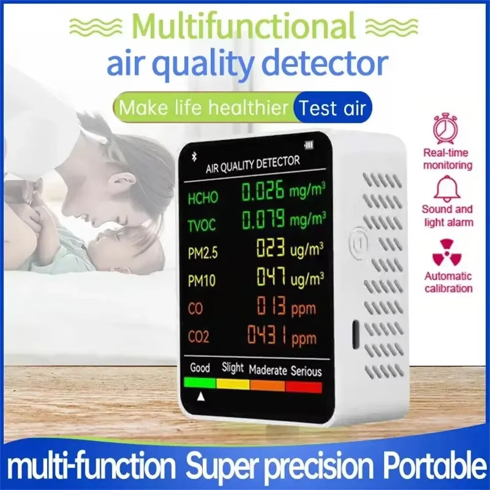 6-in-1-Innenraumluftmessgerät — CO2, PM2.5, TVOC, Temperatur und Luftfeuchtigkeit in Echtzeit