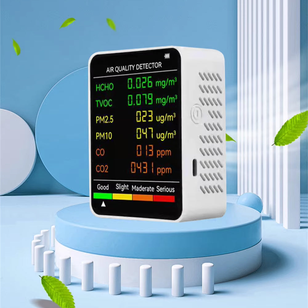 6-in-1-Innenraumluftmessgerät — CO2, PM2.5, TVOC, Temperatur und Luftfeuchtigkeit in Echtzeit