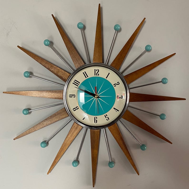 Ceas de perete Sunburst, lucrat manual, de 16 inchi — silențios, alimentat cu baterie