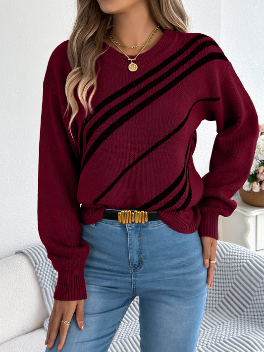 Pull Femme Rayé Col Rond Lanterne Longues Décontracté Chic Polyvalent Pour Femme Active