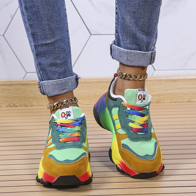 Sneakers de damă respirabili, elastici, cu șireturi — platformă de 1.6 in