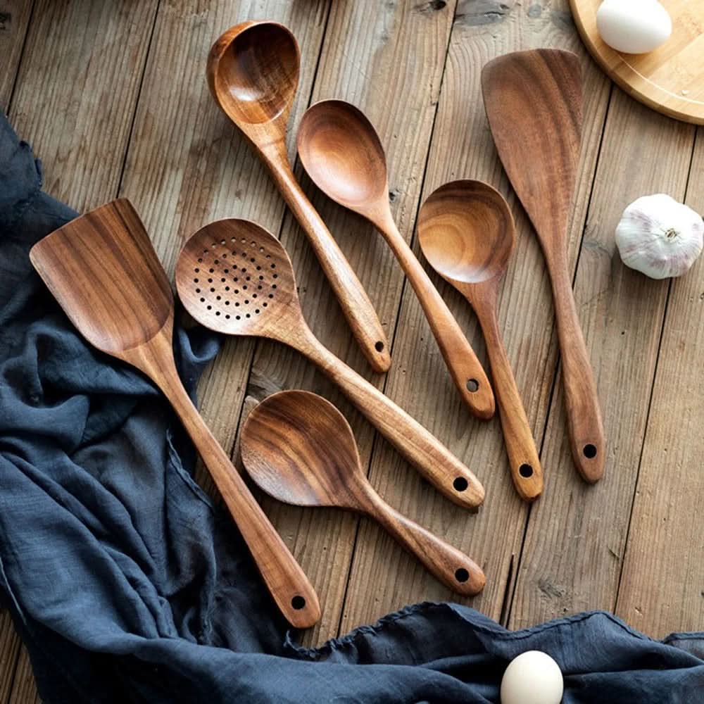 10-Piece Natural Teak Kitchen Utensil Set — Non-Scratch Design