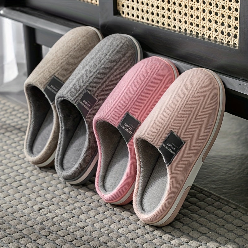 Men's Plush Herringbone Slippers — Warm Non-Slip House Shoes