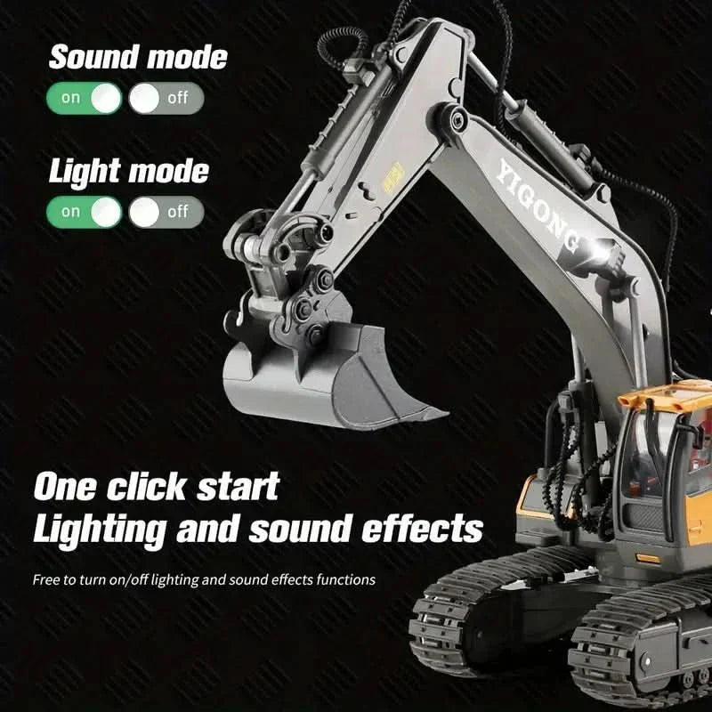 Excavadora RoboBuild con control remoto — 11 funciones, vehículo de construcción realista