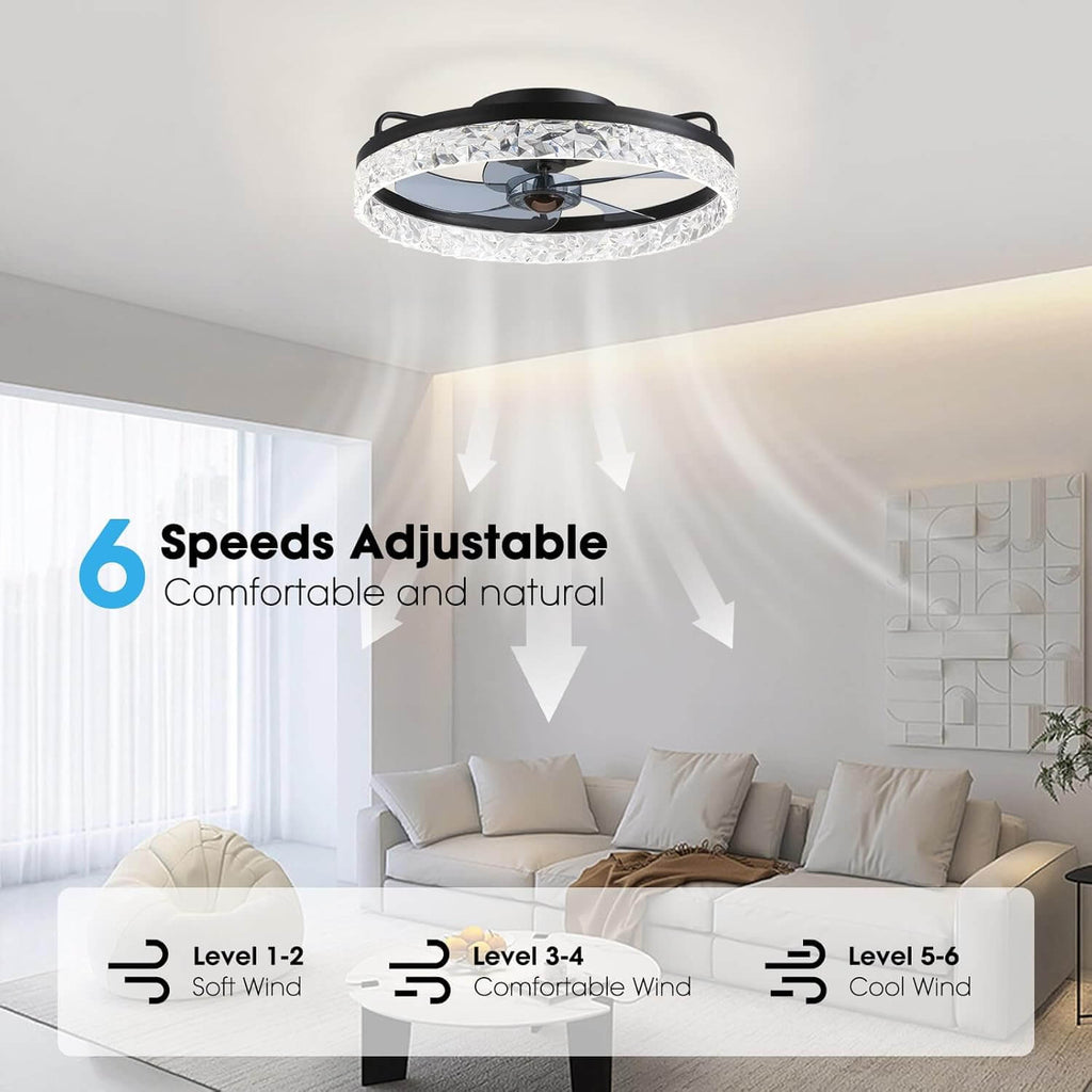 Szabályozható LED-es mennyezeti ventilátor lámpával, 20 hüvelykes, fekete vas, 6 sebességfokozat, megfordítható lapátok, 3 színhőmérséklet, hálószobába, nappaliba, étkezőbe, konyhába