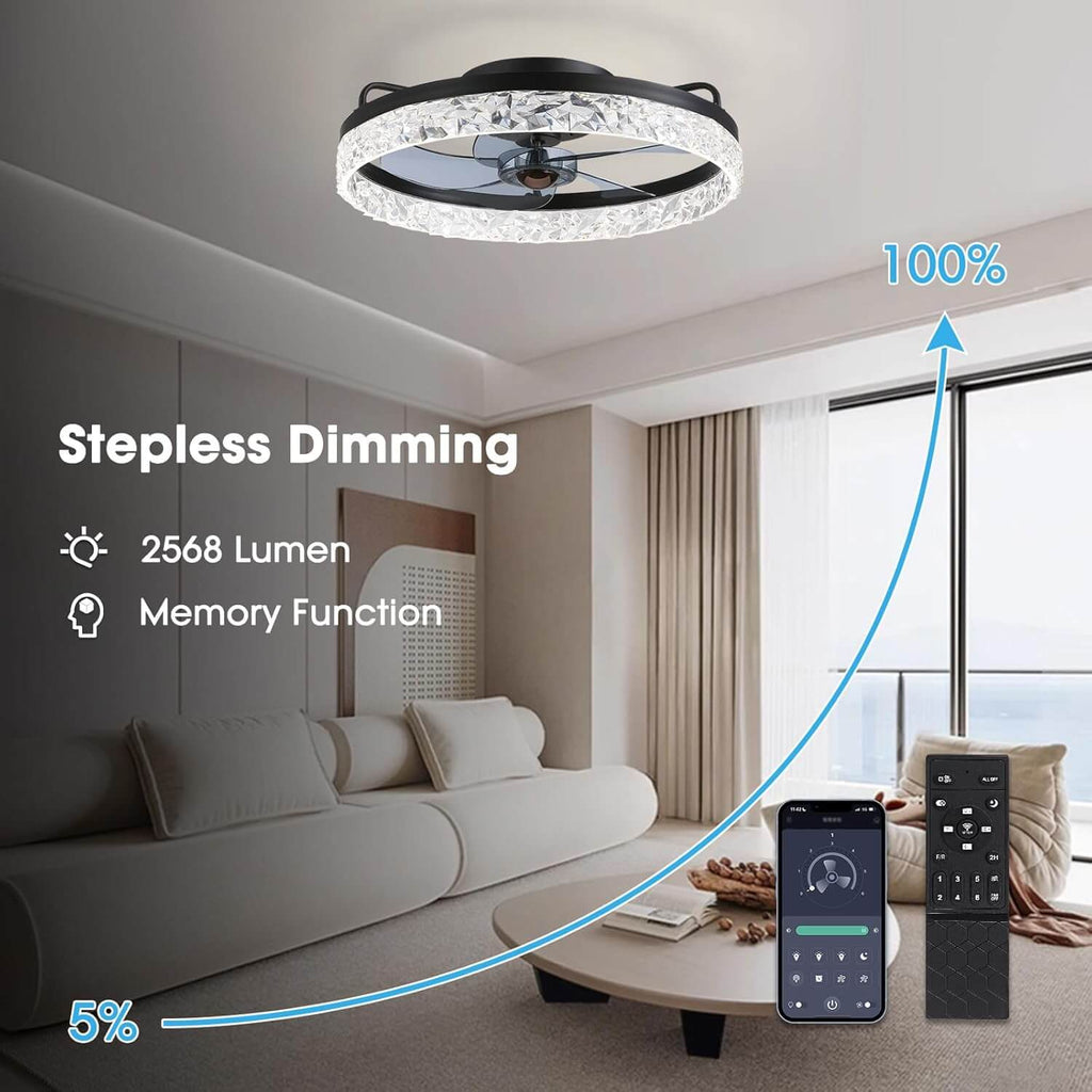 Szabályozható LED-es mennyezeti ventilátor lámpával, 20 hüvelykes, fekete vas, 6 sebességfokozat, megfordítható lapátok, 3 színhőmérséklet, hálószobába, nappaliba, étkezőbe, konyhába