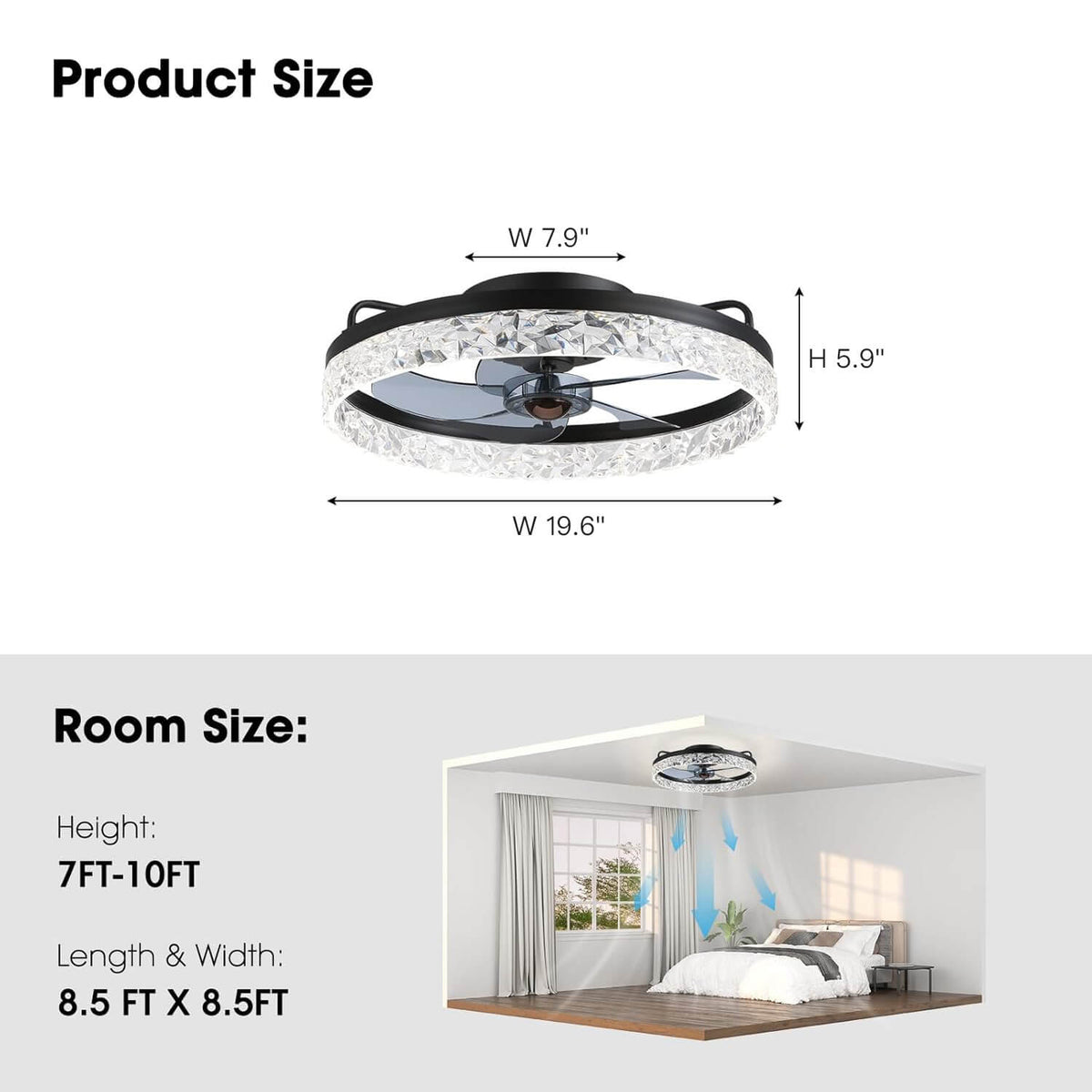 Szabályozható LED-es mennyezeti ventilátor lámpával, 20 hüvelykes, fekete vas, 6 sebességfokozat, megfordítható lapátok, 3 színhőmérséklet, hálószobába, nappaliba, étkezőbe, konyhába