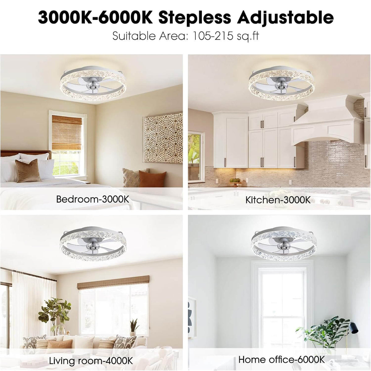 Szabályozható LED-es mennyezeti ventilátor lámpával, 20 hüvelykes, fekete vas, 6 sebességfokozat, megfordítható lapátok, 3 színhőmérséklet, hálószobába, nappaliba, étkezőbe, konyhába
