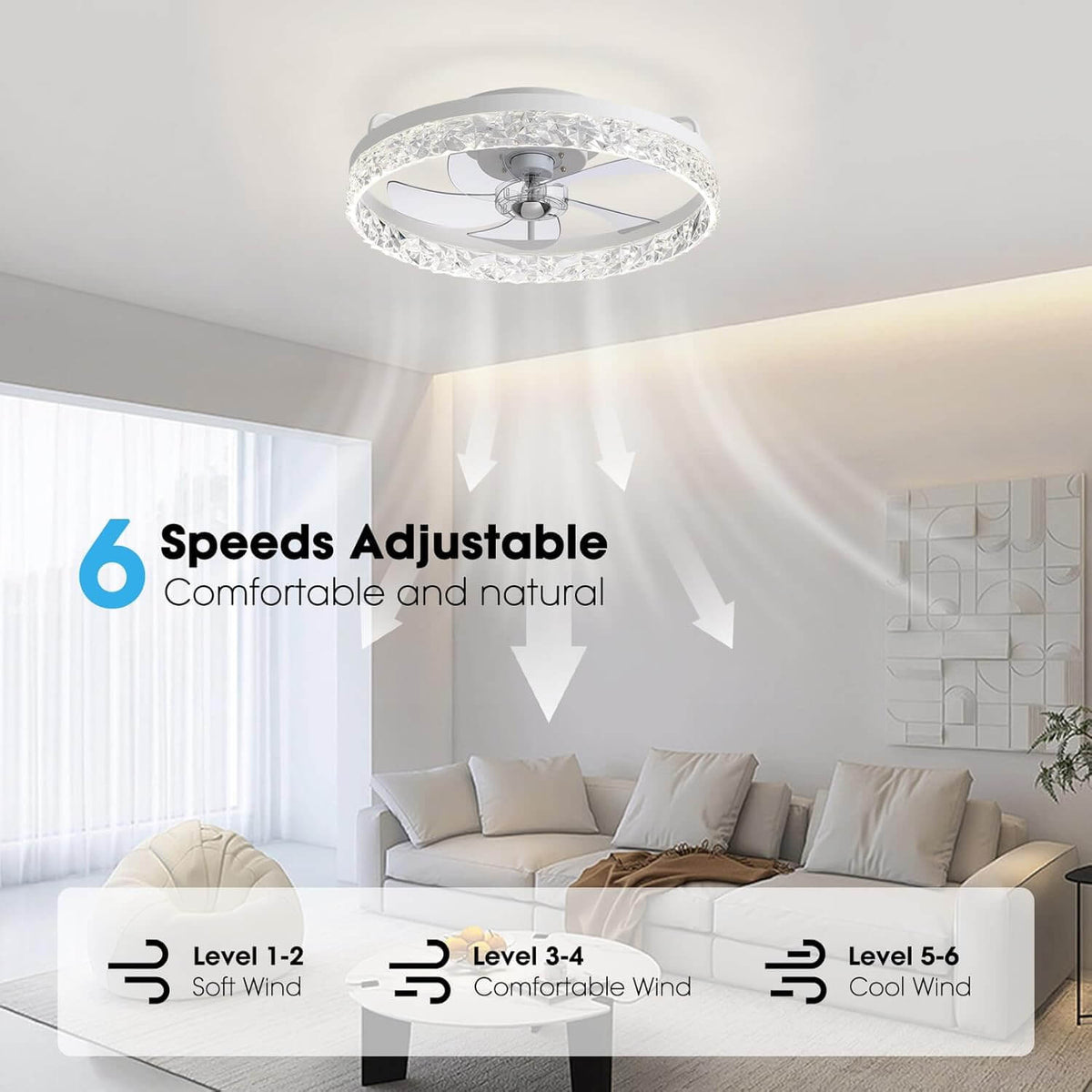 Szabályozható LED-es mennyezeti ventilátor lámpával, 20 hüvelykes, fekete vas, 6 sebességfokozat, megfordítható lapátok, 3 színhőmérséklet, hálószobába, nappaliba, étkezőbe, konyhába