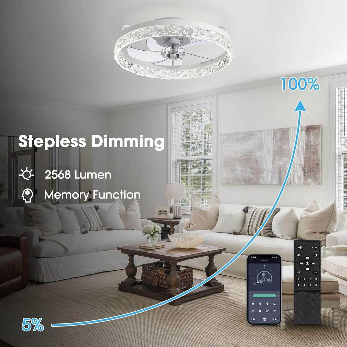 Szabályozható LED-es mennyezeti ventilátor lámpával, 20 hüvelykes, fekete vas, 6 sebességfokozat, megfordítható lapátok, 3 színhőmérséklet, hálószobába, nappaliba, étkezőbe, konyhába