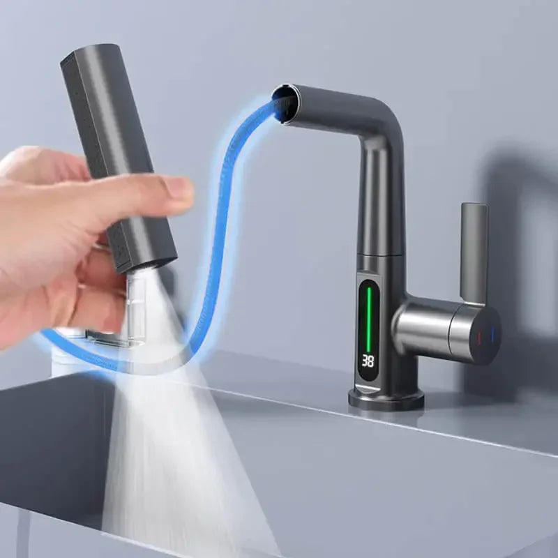Digitális kijelzős, kihúzható sárgaréz csaptelep, 15 hüvelykes, forgatható, 3 üzemmódú zuhanyfejjel