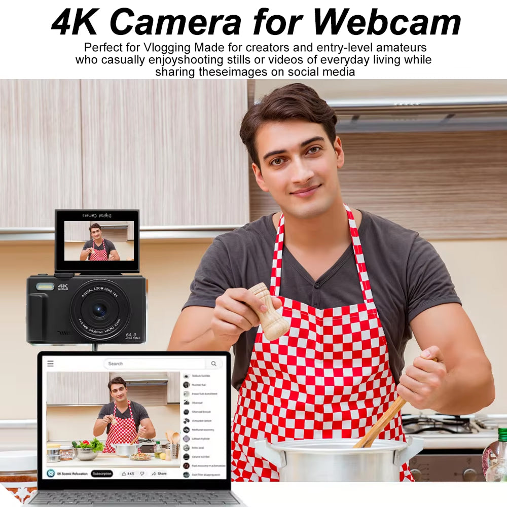 Videocamera digitale 4K compatta — schermo ribaltabile, zoom 18x