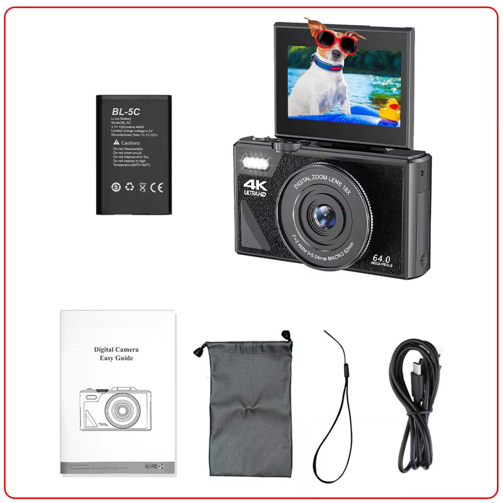 Videocamera digitale 4K compatta — schermo ribaltabile, zoom 18x