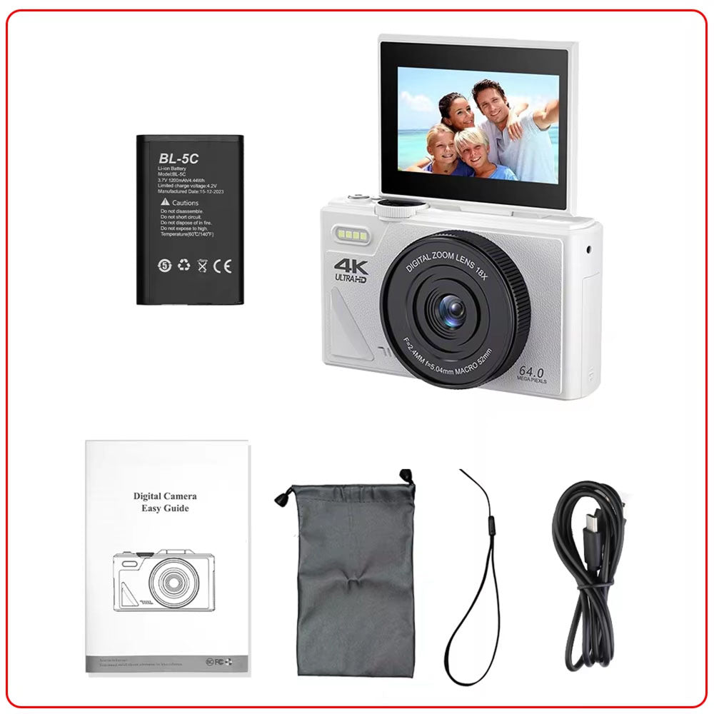 Videocamera digitale 4K compatta — schermo ribaltabile, zoom 18x
