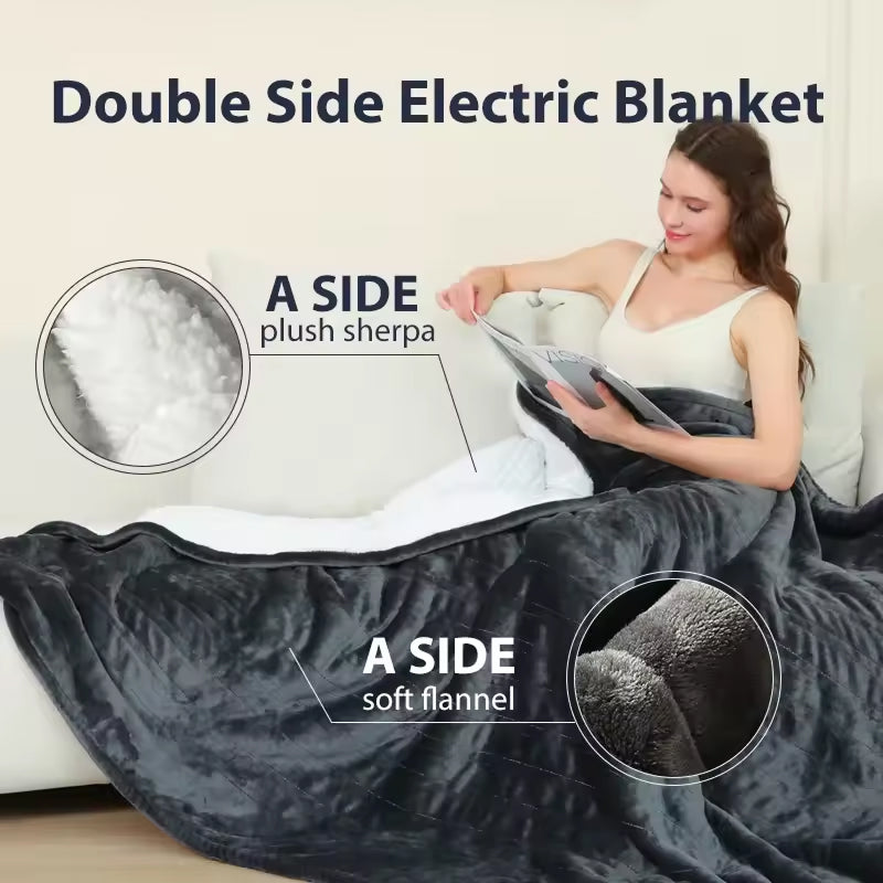 Elektrisk värmepläd — 9 inställningar, timer, flanell och sherpa på varsin sida