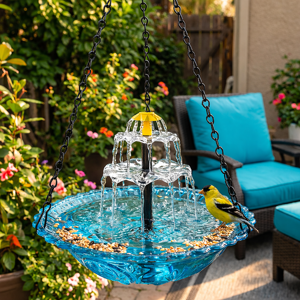 Solar Hanging Bird Bath Fountain — Two-Tier Cordless Water Feature