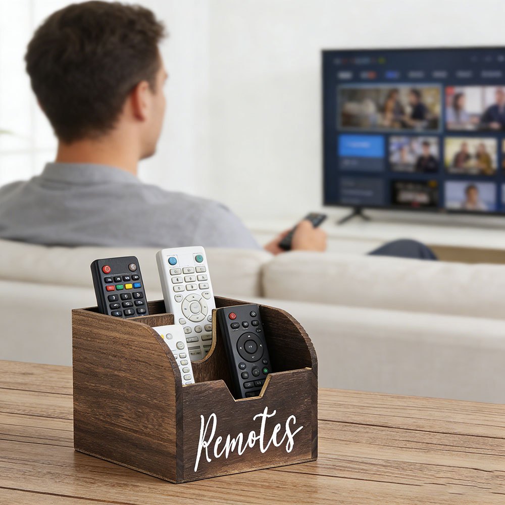 4-Compartment Wooden Remote Organizer Box | No Electricity Needed - Euroselle