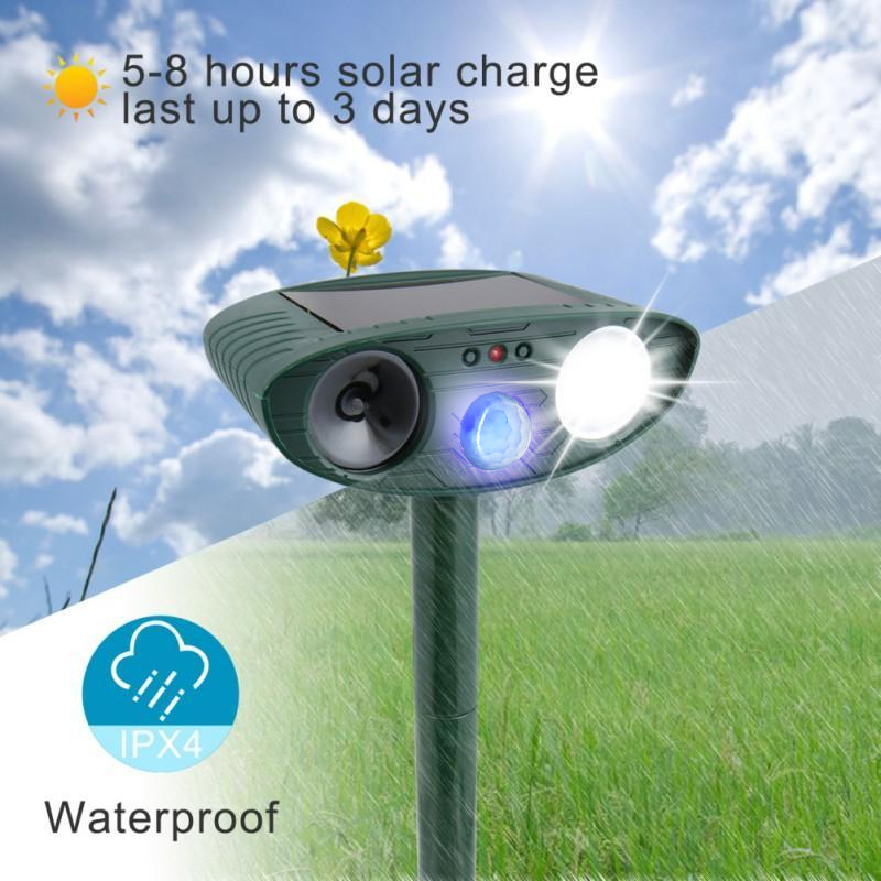 Solar Ultrasonic Wildlife Deterrent — 30 ft Motion Strobe Light