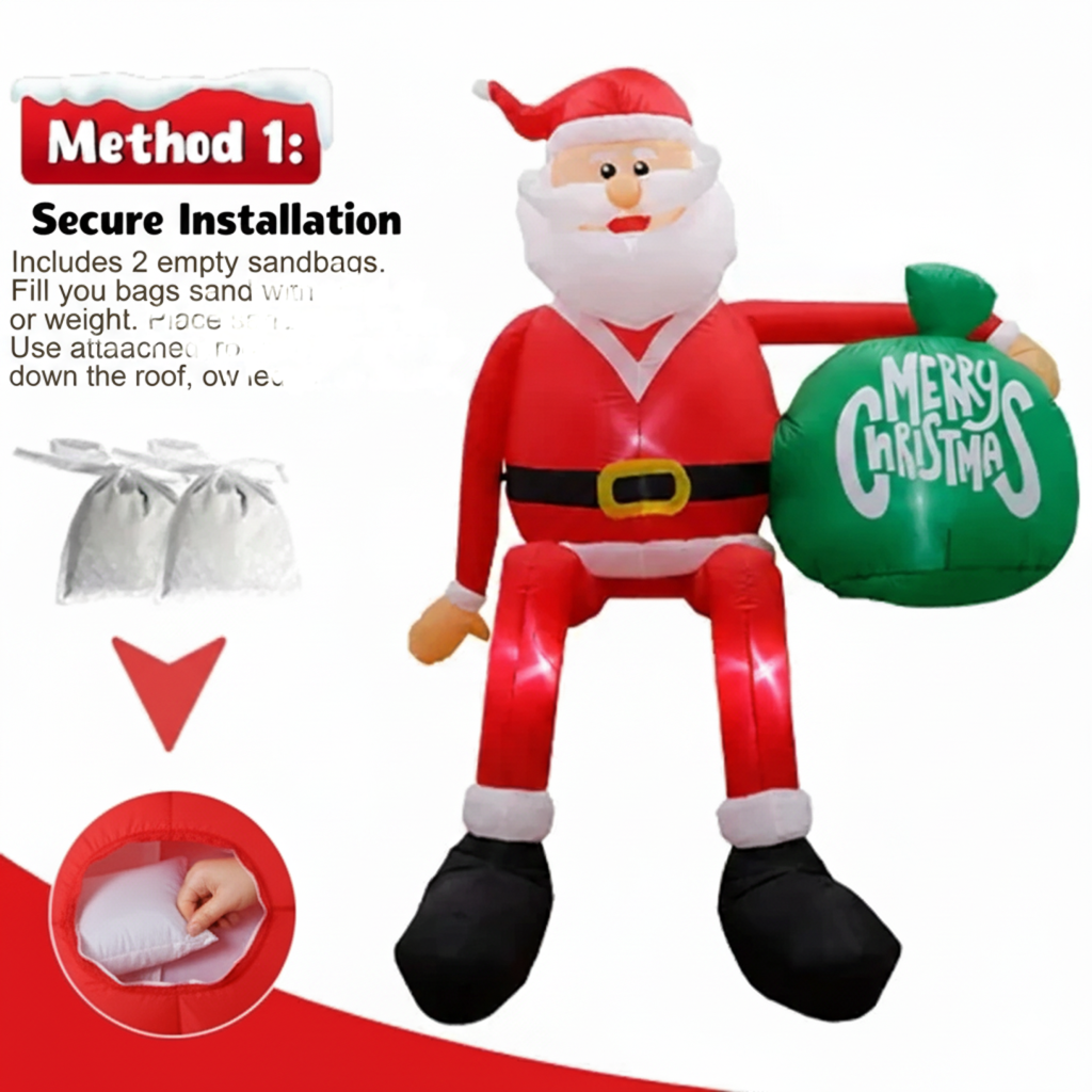Père Noël gonflable à LED escaladeur | 2,4 m de haut | Extérieur | Euroselle