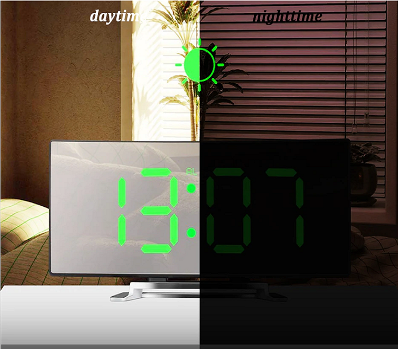 Iluminação LED com visor digital grande | Relógio despertador digital LED curvo – Amedea | Euroselle