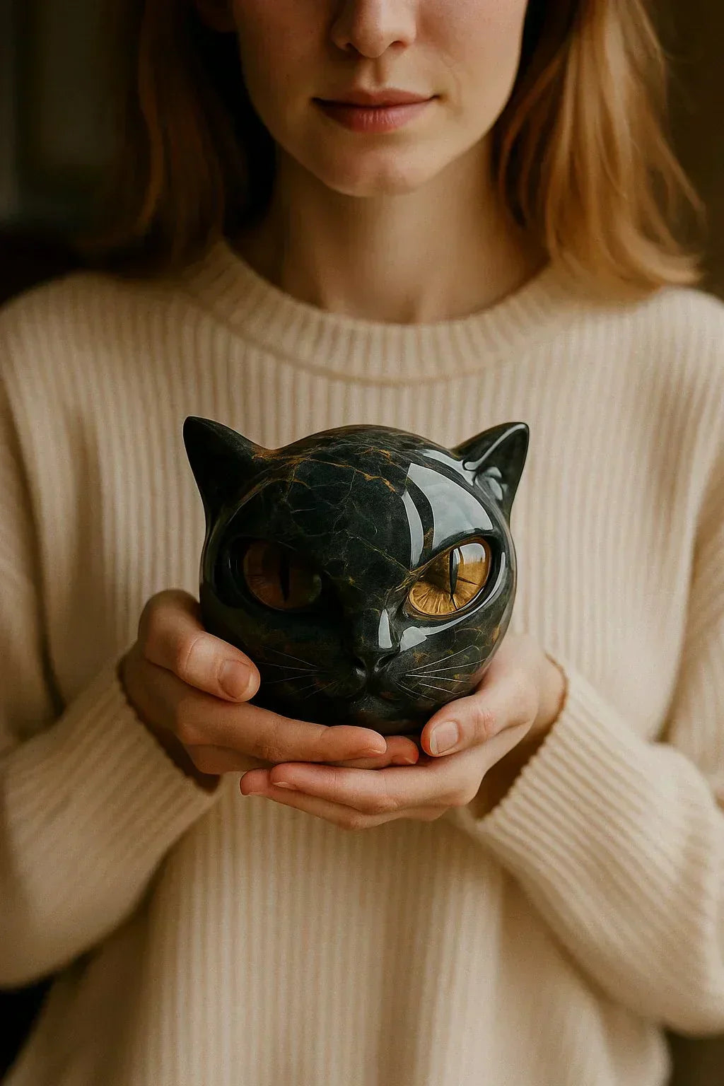 Sculpture NoirCat – Tête de chat noir aux yeux hypnotiques | Euroselle
