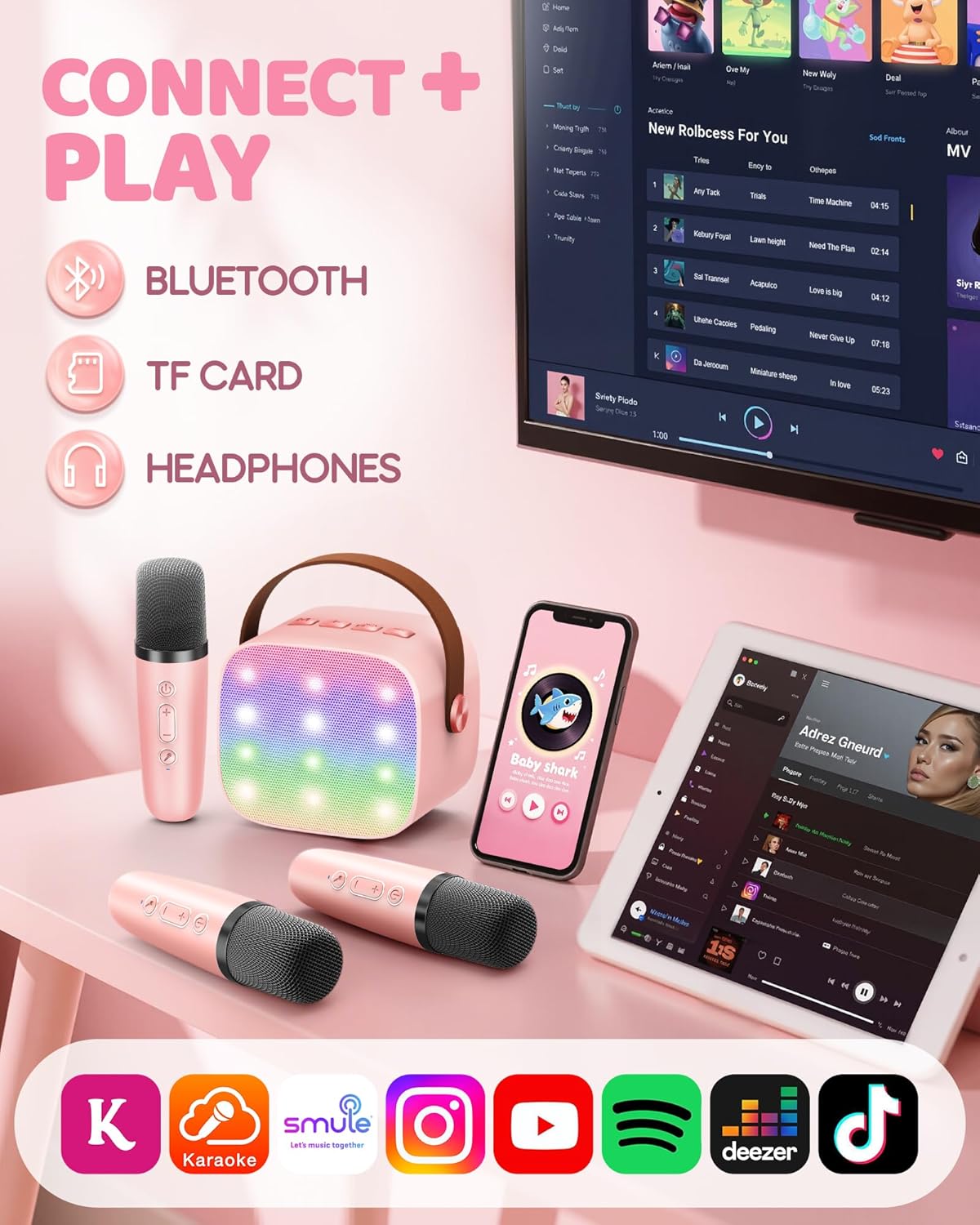 Mini-machine de karaoké portable avec enceinte Bluetooth et 2 microphones sans fil – Veylo | Euroselle