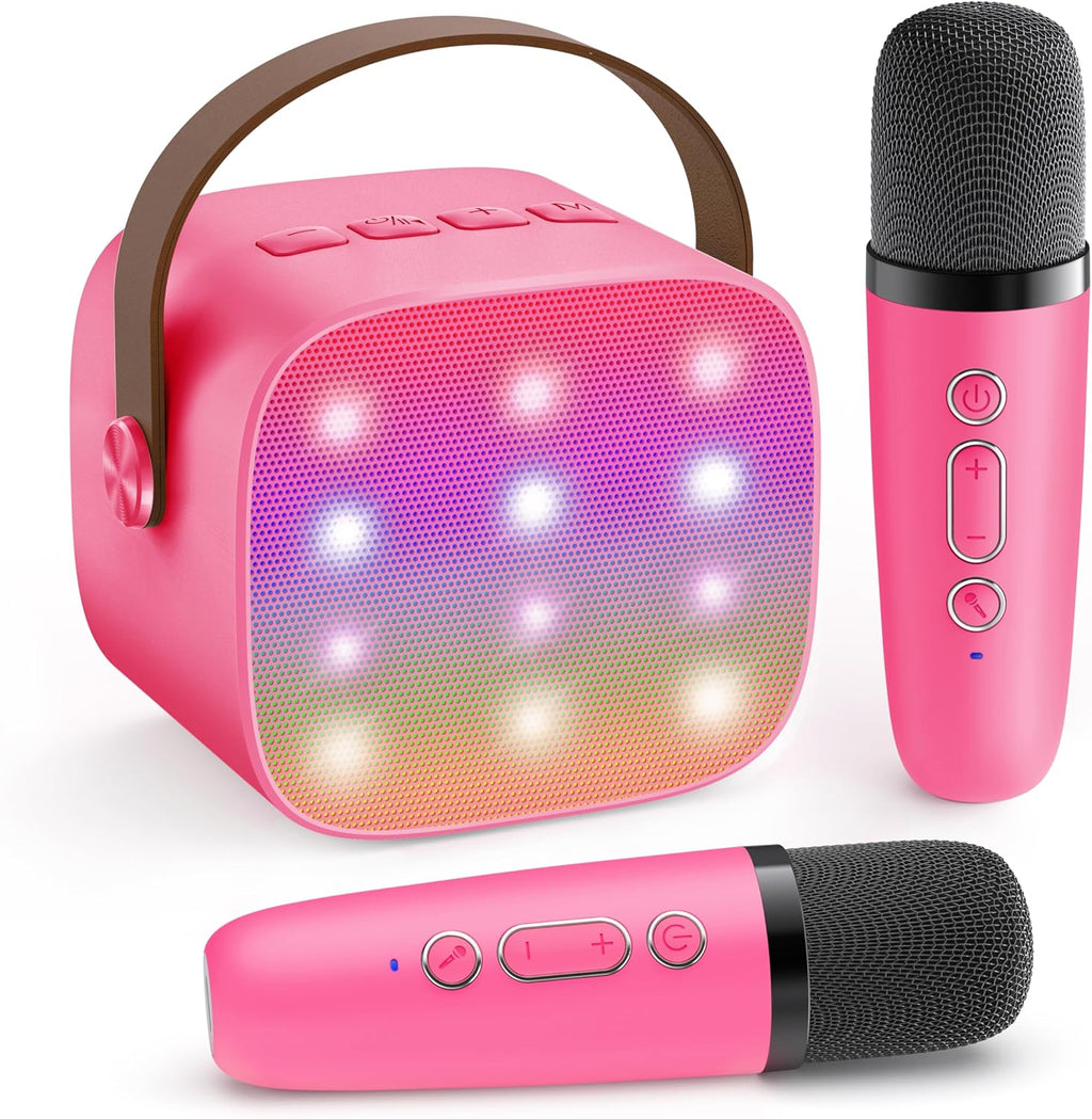 Mini-machine de karaoké portable avec enceinte Bluetooth et 2 microphones sans fil – Veylo | Euroselle
