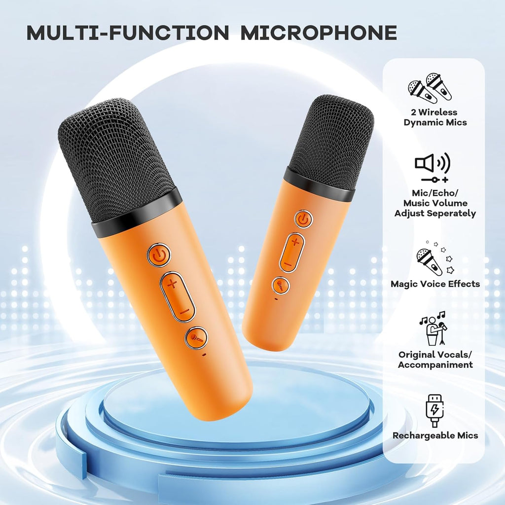Mini-machine de karaoké portable avec enceinte Bluetooth et 2 microphones sans fil – Veylo | Euroselle