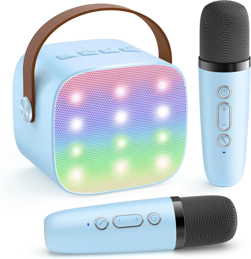 Mini-machine de karaoké portable avec enceinte Bluetooth et 2 microphones sans fil – Veylo | Euroselle