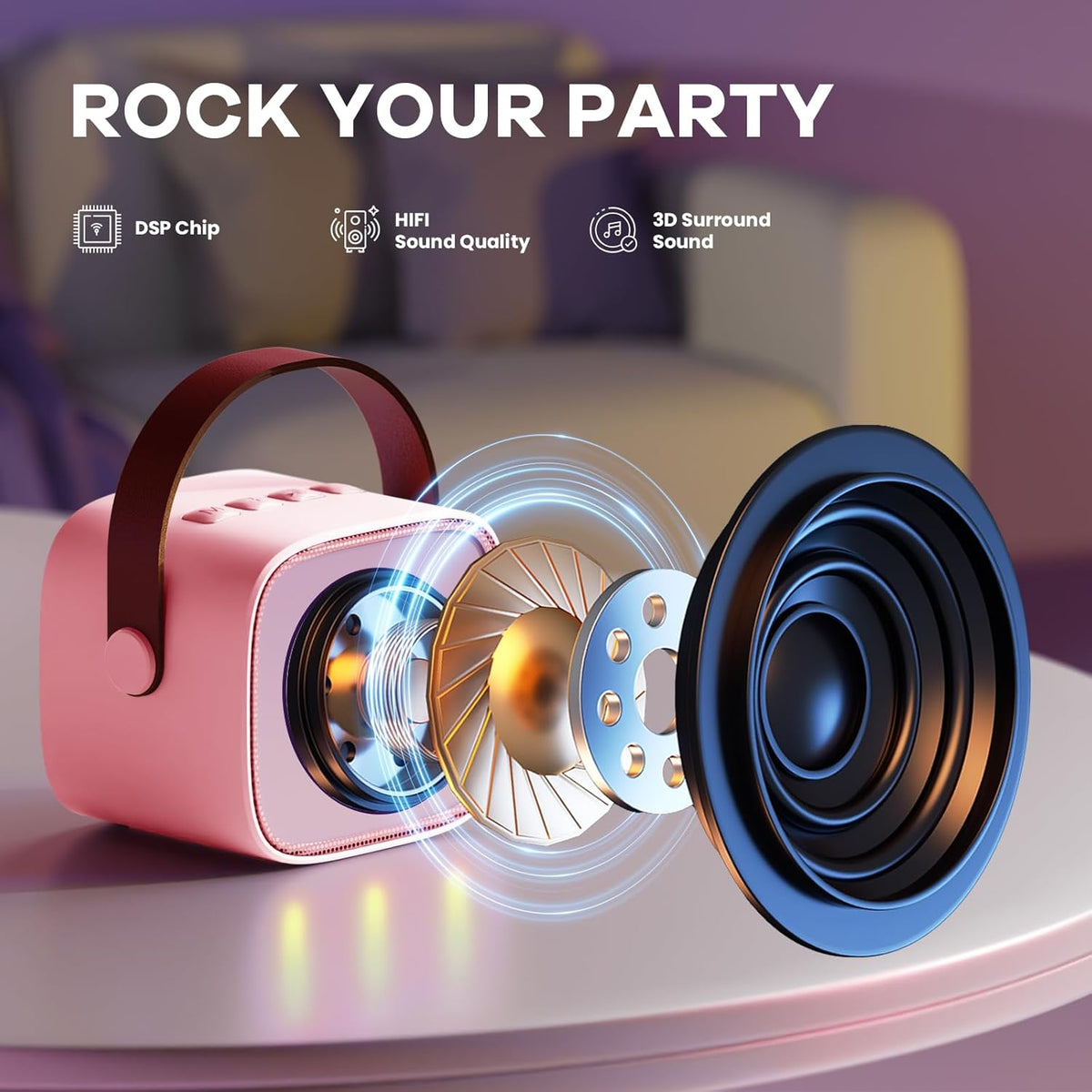 Mini-machine de karaoké portable avec enceinte Bluetooth et 2 microphones sans fil – Veylo | Euroselle