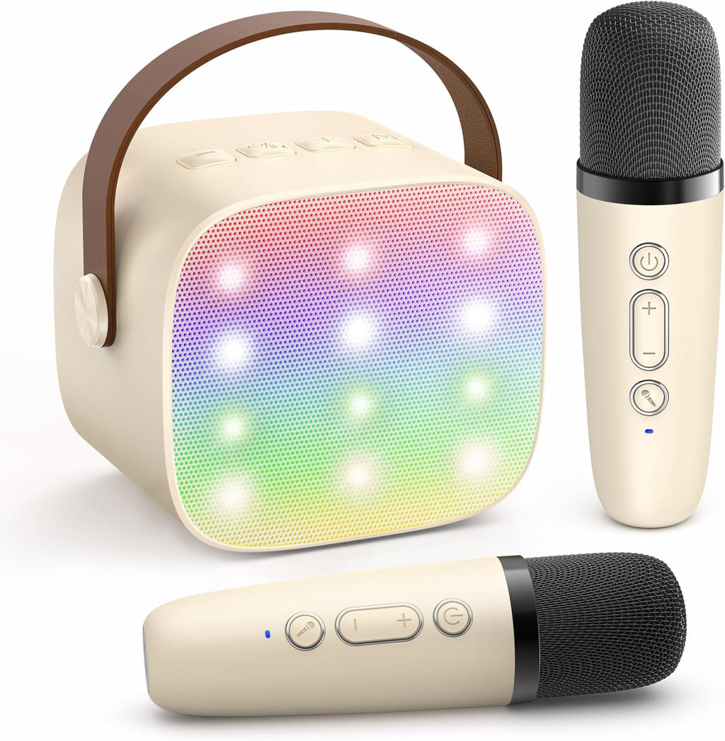 Mini-machine de karaoké portable avec enceinte Bluetooth et 2 microphones sans fil – Veylo | Euroselle