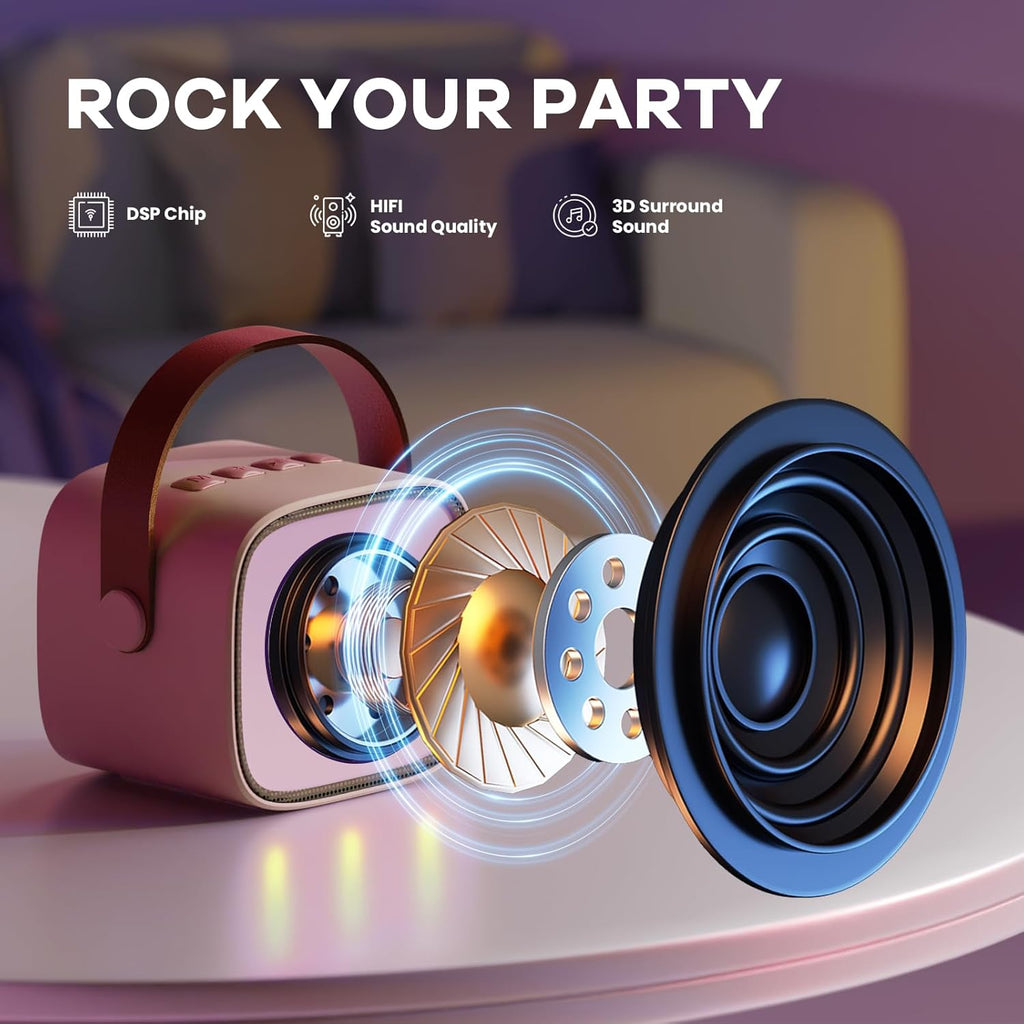 Mini-machine de karaoké portable avec enceinte Bluetooth et 2 microphones sans fil – Veylo | Euroselle