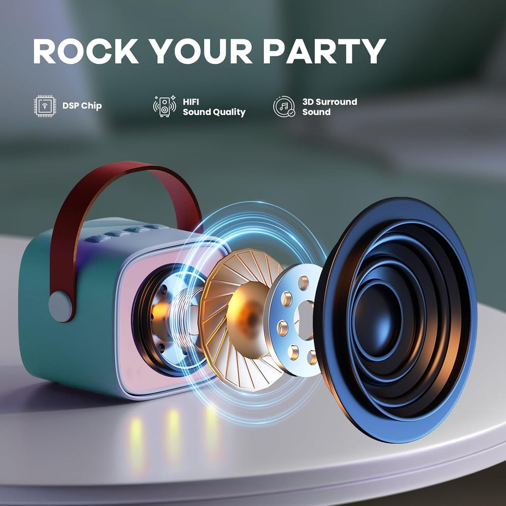 Mini-machine de karaoké portable avec enceinte Bluetooth et 2 microphones sans fil – Veylo | Euroselle