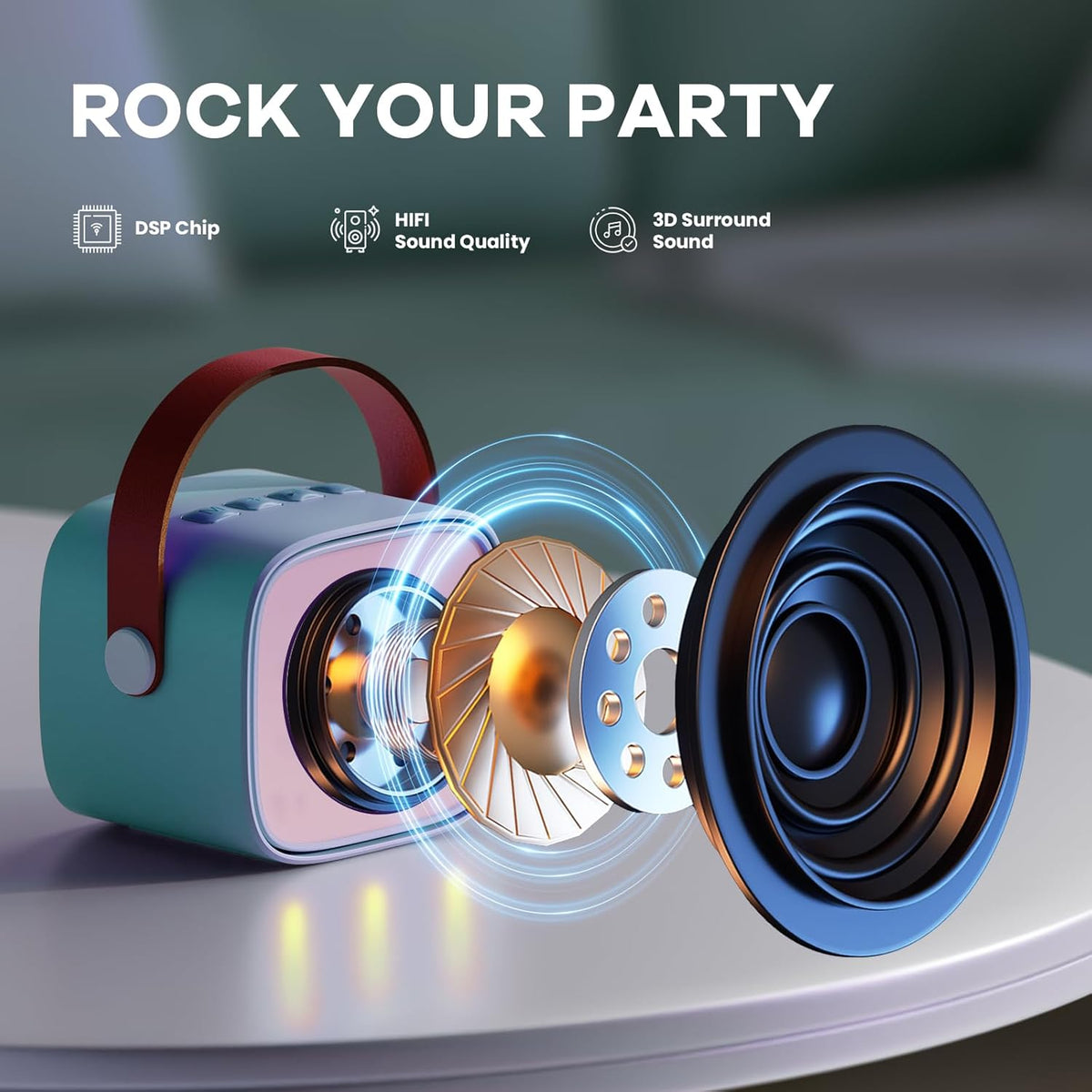 Mini-machine de karaoké portable avec enceinte Bluetooth et 2 microphones sans fil – Veylo | Euroselle