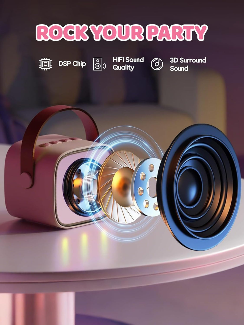 Mini-machine de karaoké portable avec enceinte Bluetooth et 2 microphones sans fil – Veylo | Euroselle