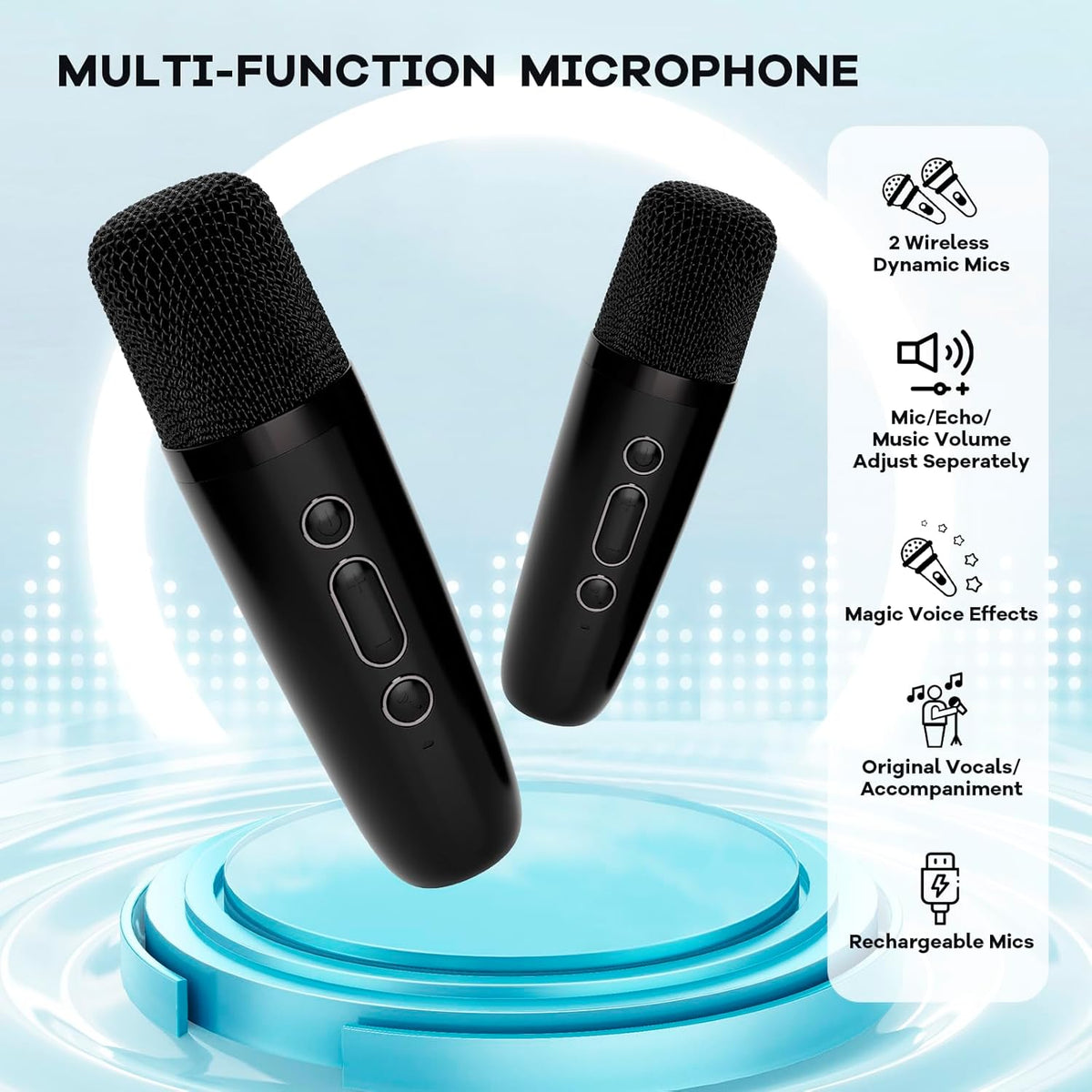 Mini-machine de karaoké portable avec enceinte Bluetooth et 2 microphones sans fil – Veylo | Euroselle
